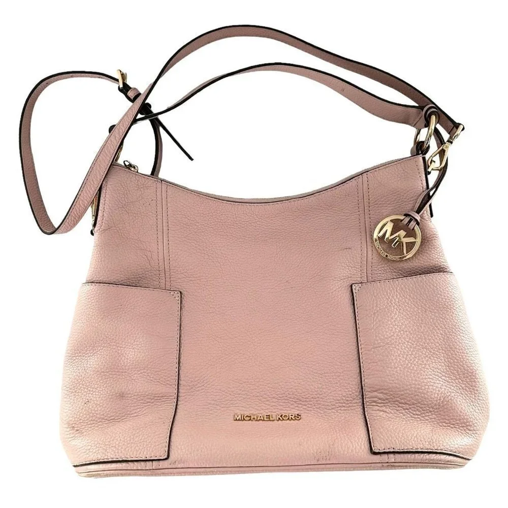 Michael Kors Anita Pink Nude Pebbled Leather Silver Hobo Shoulder Crossbody Bag